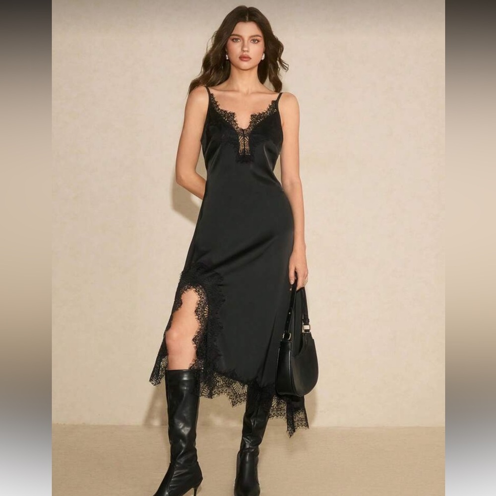 Contrast lace hem v neck black silk slip dress slit midi asymmetrical